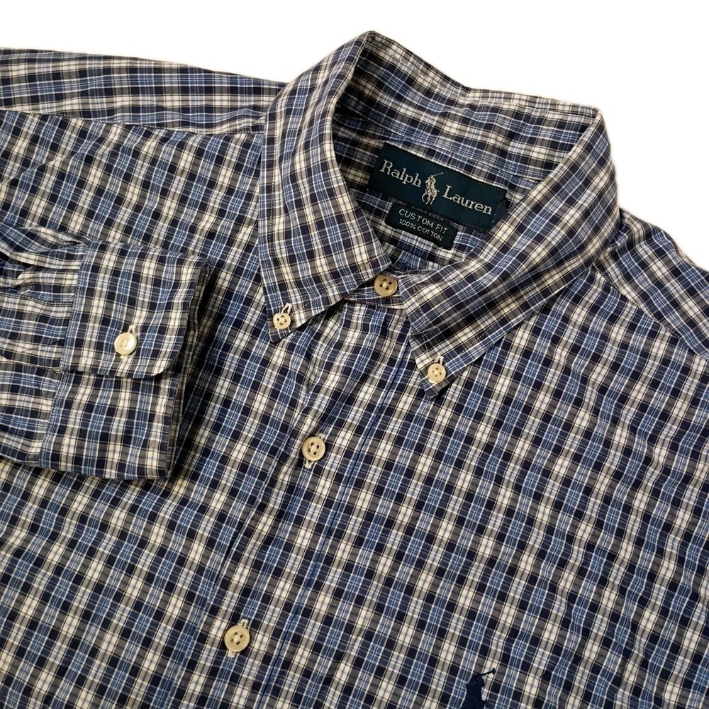 Ralph Lauren Button Down Shirt Men Large Custom Fit Blue White Plaid Cotton Pony
